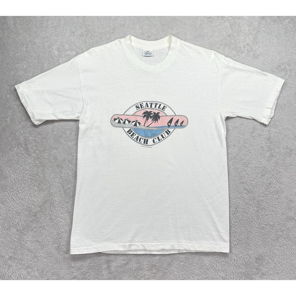 Vintage 80s Seattle Beach Club Shirt Mens Large White Palm Trees Graphic 1985